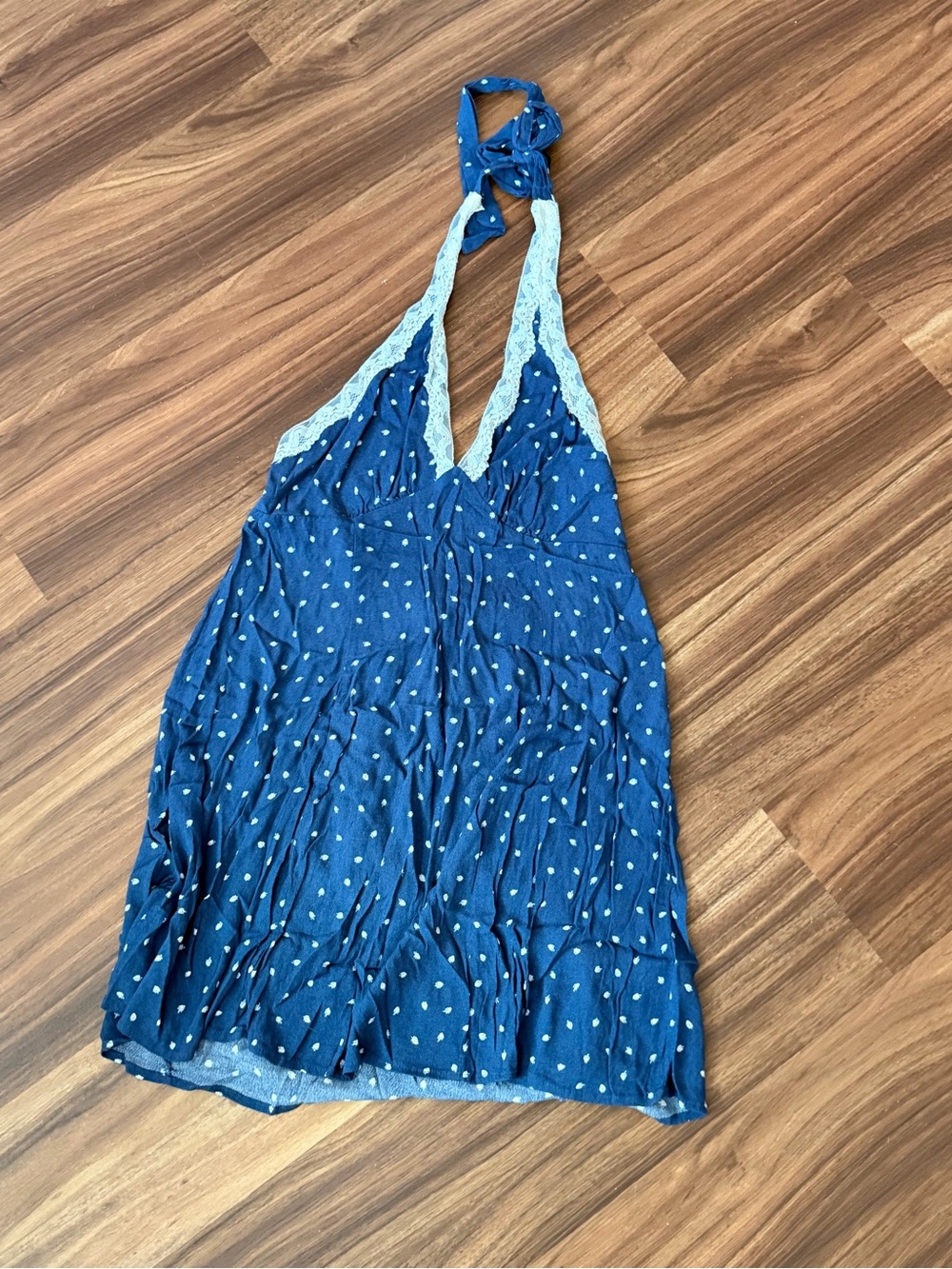 wild fable Navy Blue Polka Halter Dress with Lace Trim